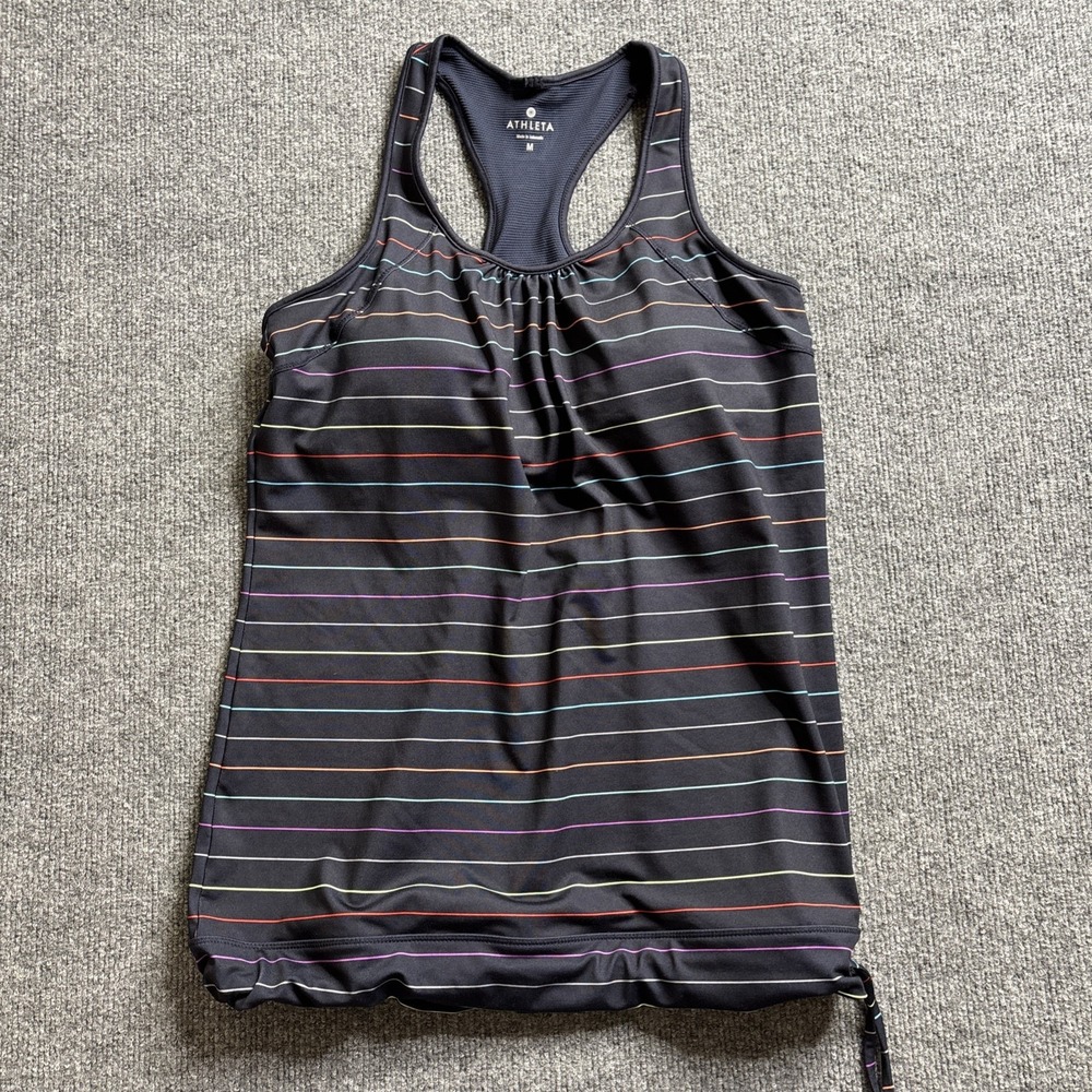 ATHLETA TINKER TANK Women's Medium Workout Yoga Multi Stripe Drawcord Hem